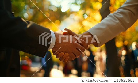 Businesspeople handshake, discussing and negotiating deals in public space 113623695