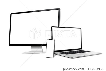 Realistic computer screen with laptop and mobile phone. Flat lay detailed and realistic devices mockup 113623936
