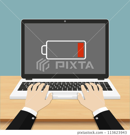 Laptop computer with low battery icon on screen, vector flat design illustration 113623943