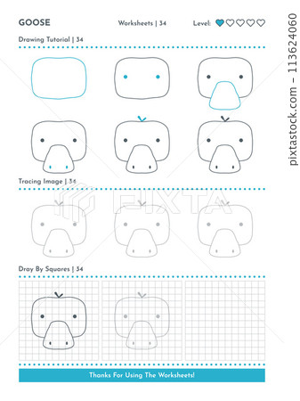 How to Draw Doodle Animal Goose, Cartoon Character Step by Step Drawing Tutorial. Activity Worksheets For Kids 113624060