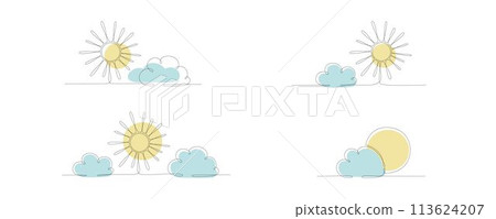 Sun and cloud set - hand drawing one single continuous line banner. Vector stock illustration isolated on white background for design template weather forecast, travel blog. Editable stroke. EPS10 Sun and cloud set - hand drawing one single continuous line banner. Vector stock illustration isolated on white background for design template weather forecast, travel blog. Editable stroke. EPS10 113624207
