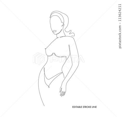 Woman body one single continuous line silhouette. Vector stock illustration isolated on white background for design template beauty and spa calendar, price list, social media. Editable stroke. EPS10 Woman body one single continuous line silhouette. Vector stock illustration isolated on white background for design template beauty and spa calendar, price list, social media. Editable stroke. EPS10 113624211