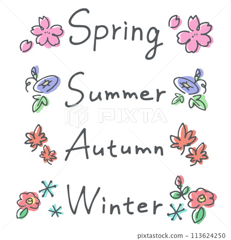 Set of handwritten letters of the four seasons and seasonal plants 113624250