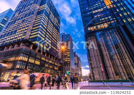 Tokyo cityscape in Japan: View of the office district from the intersection in front of Otemachi Station (Otemon Gate in the background) 113624252