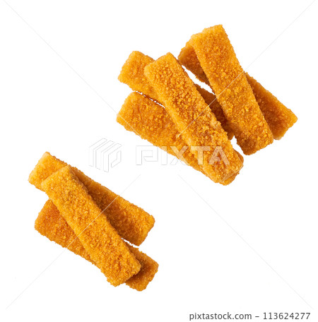 Deep fried fish fingers snacks fastfood isolated . Fish finger or stick isolated . Top view. Deep fried fish fingers snacks fastfood isolated . Fish finger or stick isolated . Top view. 113624277