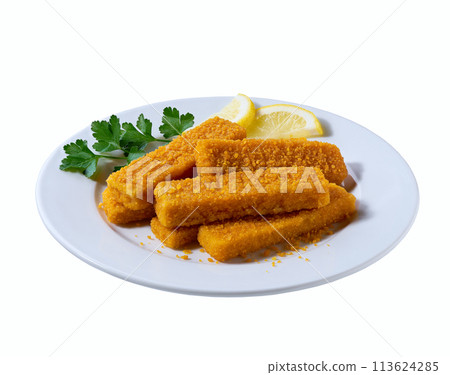 Fish fingers in a plate isolated on white background. Crispy breaded deep fried fish fingers with breadcrumbs on a plate isolated . Fish fingers in a plate isolated on white background. Crispy breaded deep fried fish fingers with breadcrumbs on a plate isolated . 113624285
