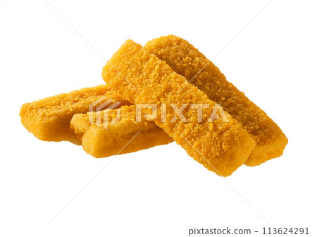 Crispy breaded deep fried fish fingers isolated on white background. 113624291