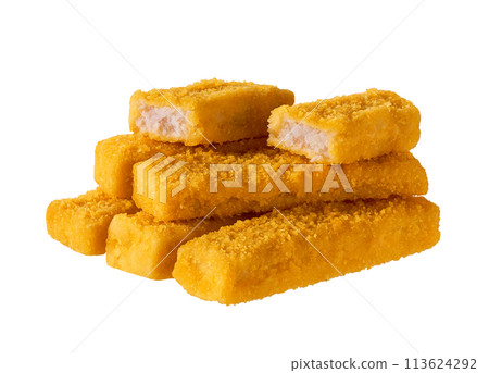 Crispy Fish fingers isolated on white background. 113624292