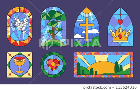 Church stained glass windows vector set mosaic frame, vintage borders with cross, crown, dove, heart, nature sunshine 113624316