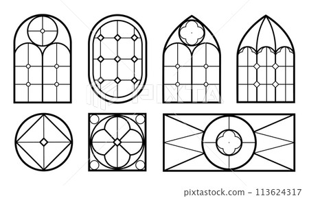 Gothic stained glass windows black and white linear vector illustration isolated. 113624317