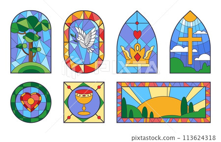 Church-inspired stained glass vector set on white background. Church-inspired stained glass vector set on white background. 113624318