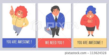 Vector illustration set of posters with overhead views of cartoon characters conveying positive messages Vector illustration set of posters with overhead views of cartoon characters conveying positive messages 113624328