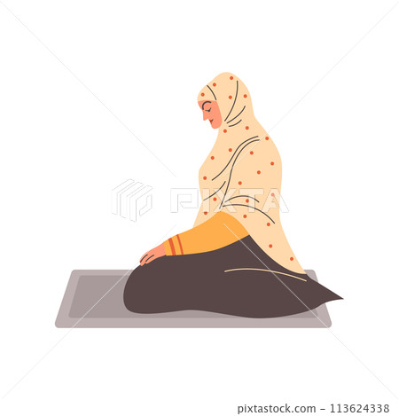 Vector illustration of woman in hijab sitting peacefully on prayer mat Vector illustration of woman in hijab sitting peacefully on prayer mat 113624338