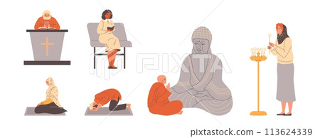 Set of vector illustration of diverse religious practices depicted through prayer, reading scripture, lighting candles. Set of vector illustration of diverse religious practices depicted through prayer, reading scripture, lighting candles. 113624339