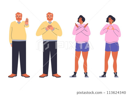 People showing negative and positive emotions with hand gestures, vector nonverbal communication hand language emotion 113624340
