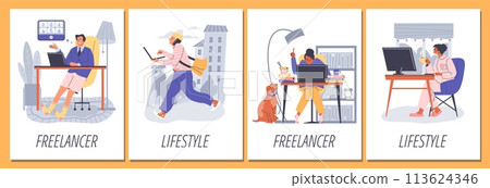 Freelance work benefits and lifestyle banners, flat vector illustration. 113624346