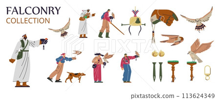 Set of vector falconry equipment for training birds: block perch, field jess, gauntlet, hood, people, Arab falconers Set of vector falconry equipment for training birds: block perch, field jess, gauntlet, hood, people, Arab falconers 113624349