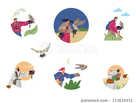 People, Arab falconers with hawking glove and falcon, bird hunting in forest desert, cartoon vector Falconry vector set 113624352