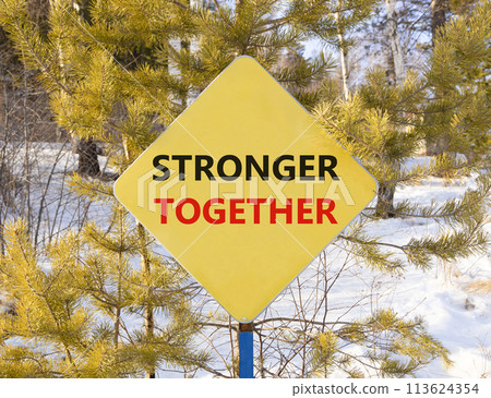 Stronger together symbol. Concept words Stronger together on beautiful yellow road sign. Beautiful forest snow blue sky background. Business, motivational and stronger together concept. Stronger together symbol. Concept words Stronger together on beautiful yellow road sign. Beautiful forest snow blue sky background. Business, motivational and stronger together concept. 113624354