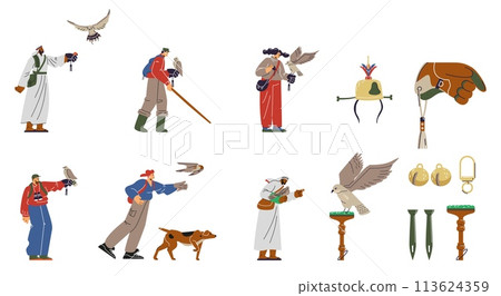 Set of vector professional equipment for falconry and training birds of prey: block perch, field jess, gauntlet, hood 113624359