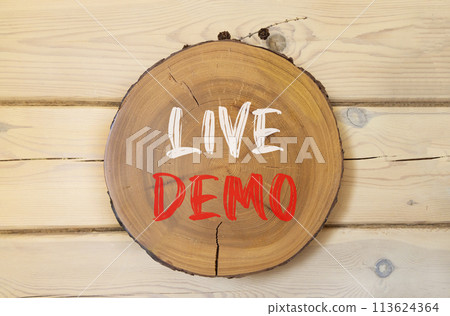 Live demo symbol. Concept words Live demo on beautiful wooden circle. Beautiful wooden wall background. Copy space. Business and live demo concept. 113624364