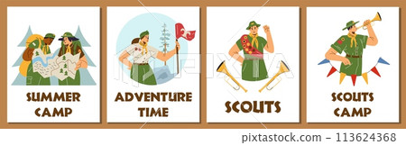 Set of flyers with scouts in summer camp. Poster with flat illustration and space for text. 113624368
