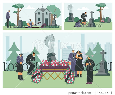 Funeral cemetery ceremony vector illustrations set, grave with sad people standing around coffin, Priest burial service Funeral cemetery ceremony vector illustrations set, grave with sad people standing around coffin, Priest burial service 113624381