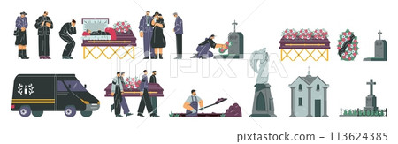 Funeral cemetery ceremony vector illustration set, grave and mourning people, coffin priest, funeral car, burial service Funeral cemetery ceremony vector illustration set, grave and mourning people, coffin priest, funeral car, burial service 113624385