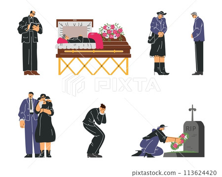 Characters for funeral and memorial services, flat vector illustrations isolated. 113624420