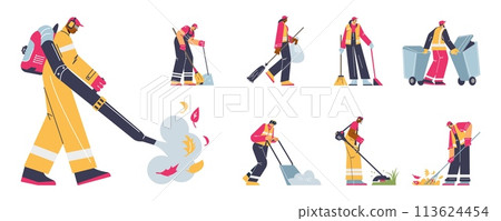 Street cleaning or garden maintenance set flat vector illustration isolated. 113624454