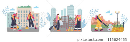 People janitor with broom and scoop on cityscape, cleaners in uniform with equipment, Street cleaning service vector set 113624463