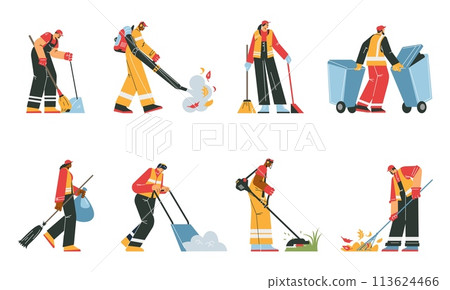 Street cleaners and janitors in uniform vector set, cleaning and gathering garbage, mows grass, Street cleaning service 113624466