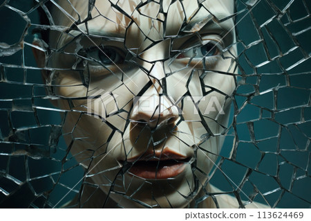 Face looking through shattered mirror. Generative AI 113624469
