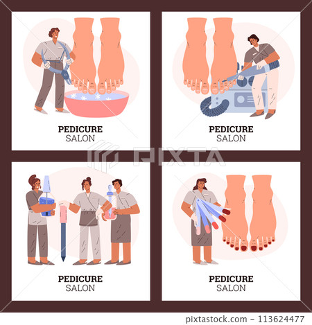 Pedicure salon banners and flyers templates, flat cartoon vector illustration. Pedicure salon banners and flyers templates, flat cartoon vector illustration. 113624477
