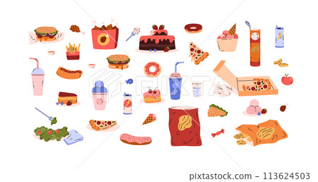 Various fast food or street snacks symbols, flat vector illustration isolated. 113624503