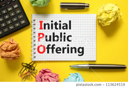 IPO initial public offering symbol. Concept words IPO initial public offering on beautiful white note. Beautiful yellow background. Business IPO initial public offering concept. Copy space. 113624519