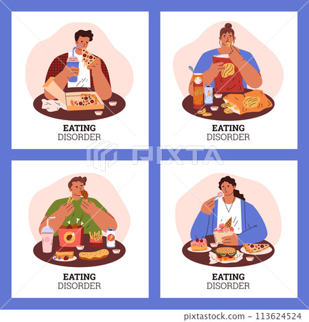 Eating disorder, set of vector cards with people, cartoon style Eating disorder, set of vector cards with people, cartoon style 113624524