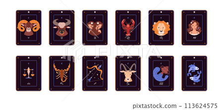 Set of cards with astrology zodiac signs, cartoon style vector illustrations 113624575
