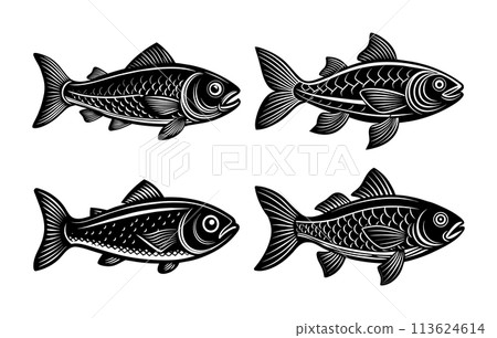 Set of fish signs with linocut or engraving style. Fish design, elements collection 113624614