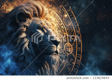 Leo zodiac sign against horoscope wheel 113624643
