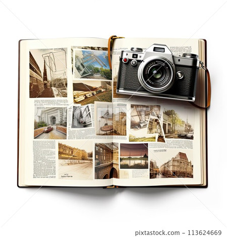 Vintage collage with photos and tourist postcards. Travel memories. A lot of papers and sheets. 113624669