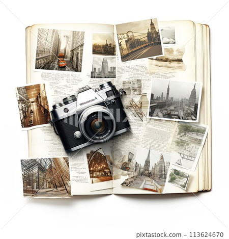 Vintage collage with photos and tourist postcards. Travel memories. A lot of papers and sheets. Vintage collage with photos and tourist postcards. Travel memories. A lot of papers and sheets. 113624670