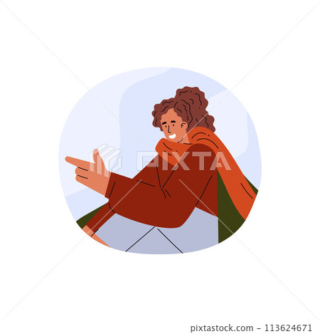 Happy woman sitting under the blanket and talking, showing hand gesture, vector cartoon relaxing and speaking, cozy mood Happy woman sitting under the blanket and talking, showing hand gesture, vector cartoon relaxing and speaking, cozy mood 113624671