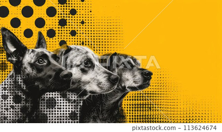 Halftone dog portrait with copy space template for business background. AI generated. 113624674