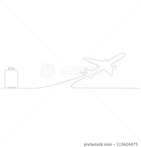 一架簡單的飛機和手提箱輪廓草圖的插圖，由線條、向量繪製 113624875