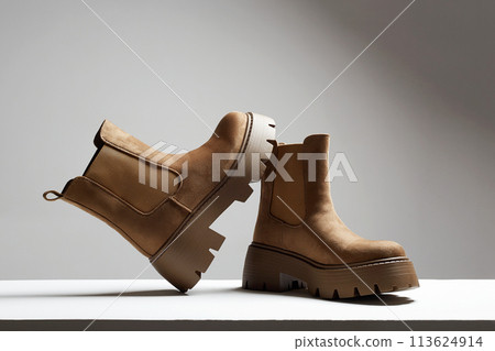 brown suede boots. fashion female shoes still life 113624914