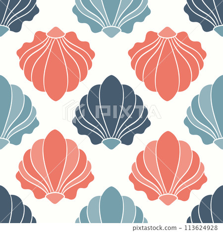 Seamless pattern of seashells. Seashells in pastel colors on a white background. Vector 113624928