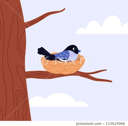 Vector illustration depicting a cute bird hatching eggs in a nest on a branch of a large tree Vector illustration depicting a cute bird hatching eggs in a nest on a branch of a large tree 113624966