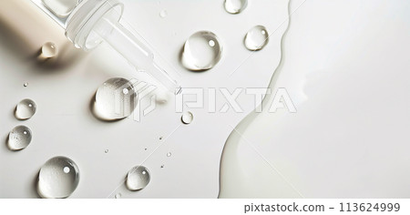 Drops of cosmetic serum and a pipette. A skin care product. White background. Copy space 113624999