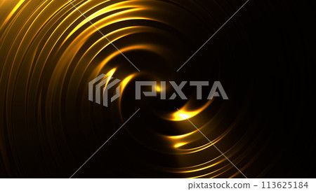 Abstract Reflective Shiny Waving Golden Metal Spiral Flowing Surface. Liquid Digital Glowing Texture Dark Yellow Melted Luxury Business Presentation Background. 113625184